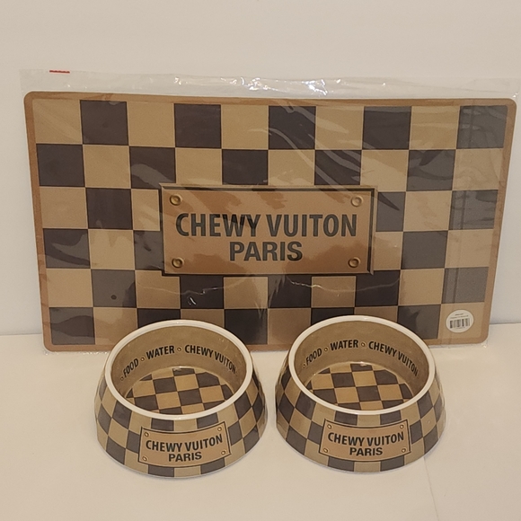 NEW Set of 2 Checker Chewy Vuiton Bowl and 2 Matching Checkered Placemat - Picture 12 of 12